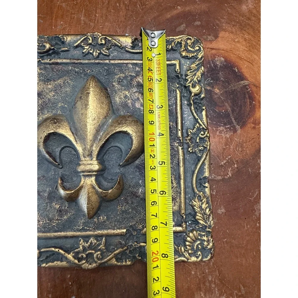 Vintage Fleur de Lis Wall Gallery Gold Bronze Distressed Ceramic Decor 8x8